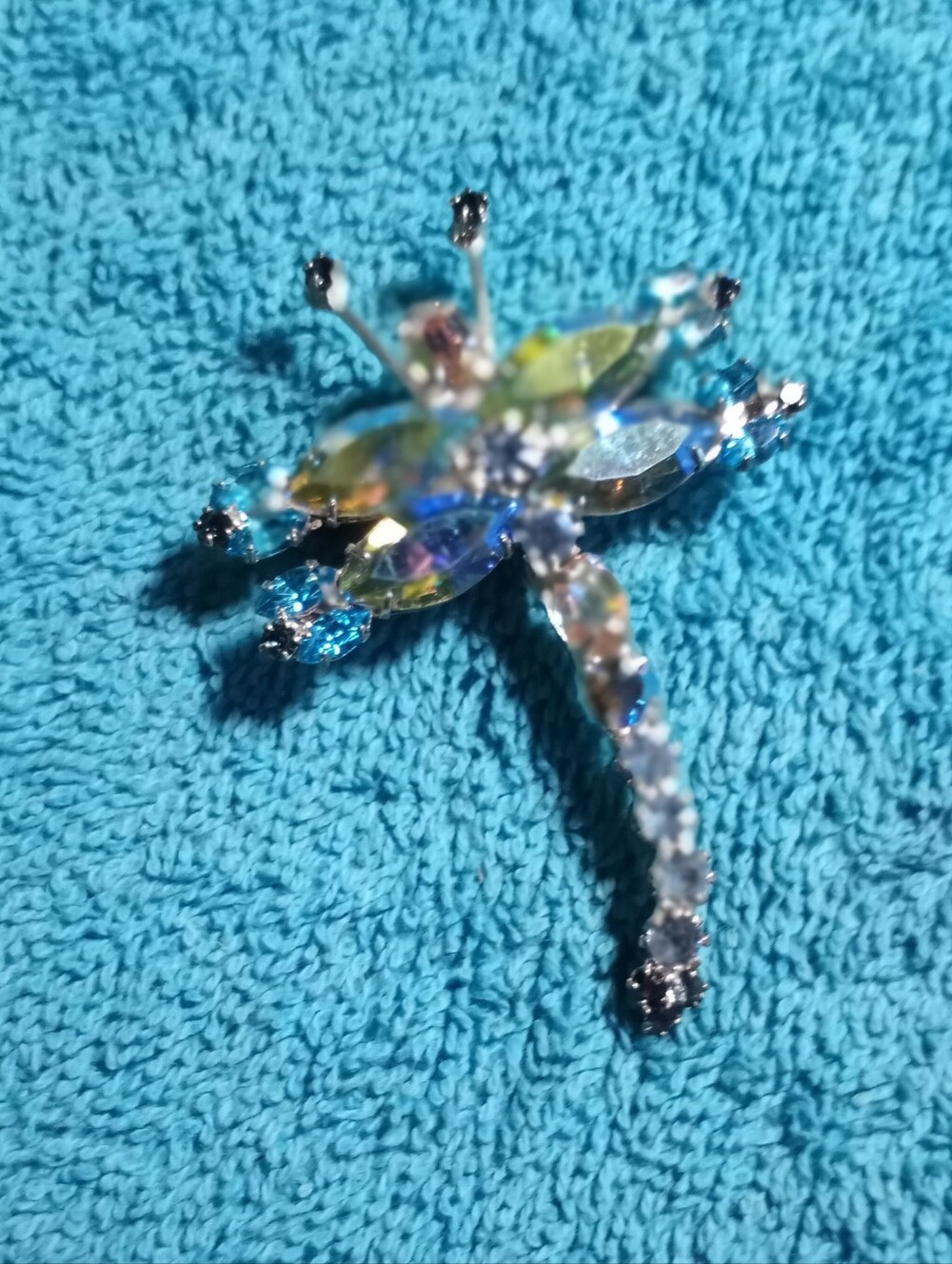 Aurora Borealis Crystal Dragonfly Accent Pin in Iridescent Blue.